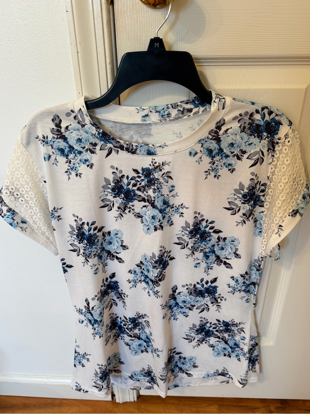 Amazon White Blouse with Blue Floral Print and Lace Sleeves